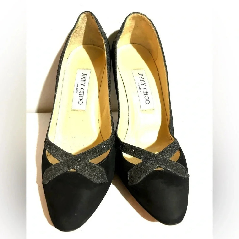 Jimmy Choo black suede criss cross sparkle pumps size 37.5